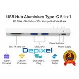 USB Hub Type C Dual Plug MacBook 5in1 Card Reader SD TF PD 60W Aluminium Depixel - foto 1