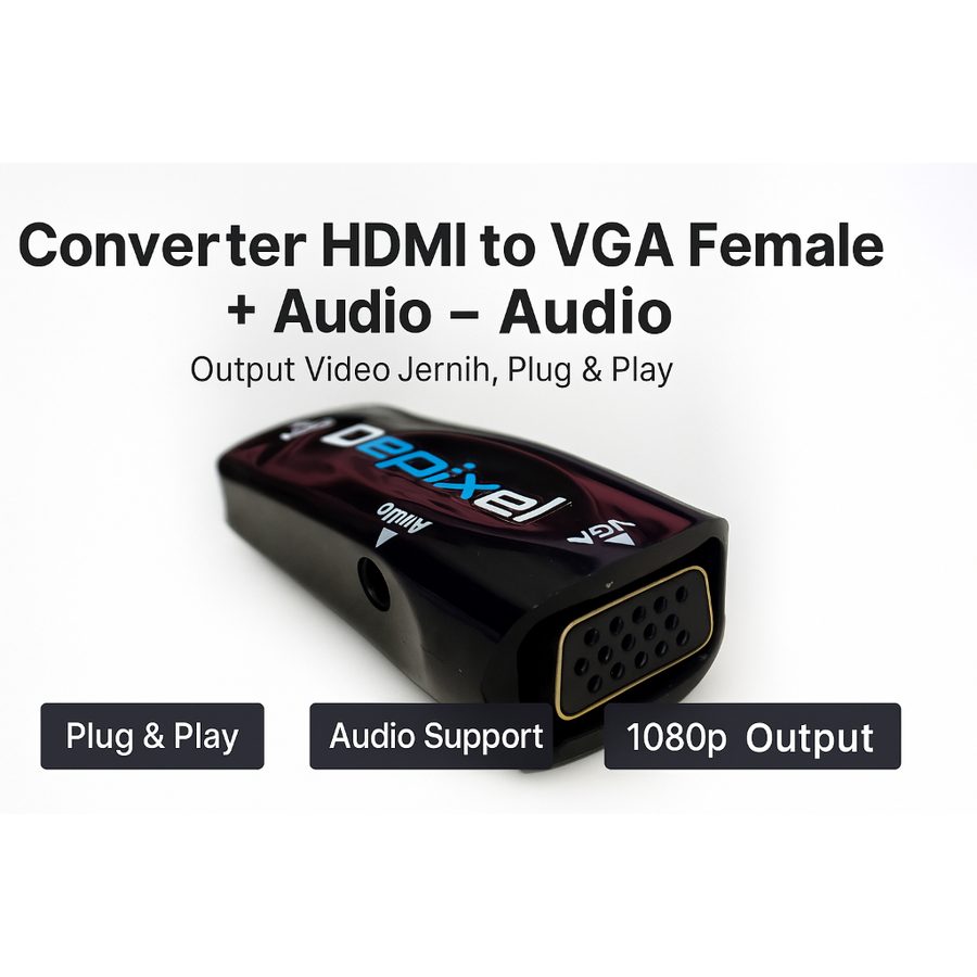 Converter HDMI Female to VGA Female + Audio – Output Video Jernih, Plug & Play