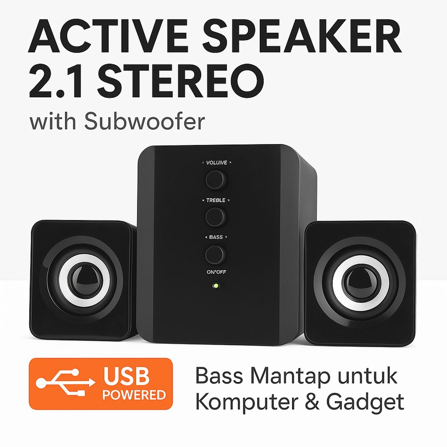 Speaker Active 2.1 Stereo Subwoofer USB 3.5mm Audio Jack Bass PC Laptop Komputer Garansi 1 Tahun