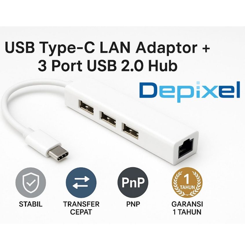 Hub USB Type C Type A to LAN RJ45 Ethernet 100Mbps 3 Port USB 2.0 Adapter Laptop MacBook Depixel