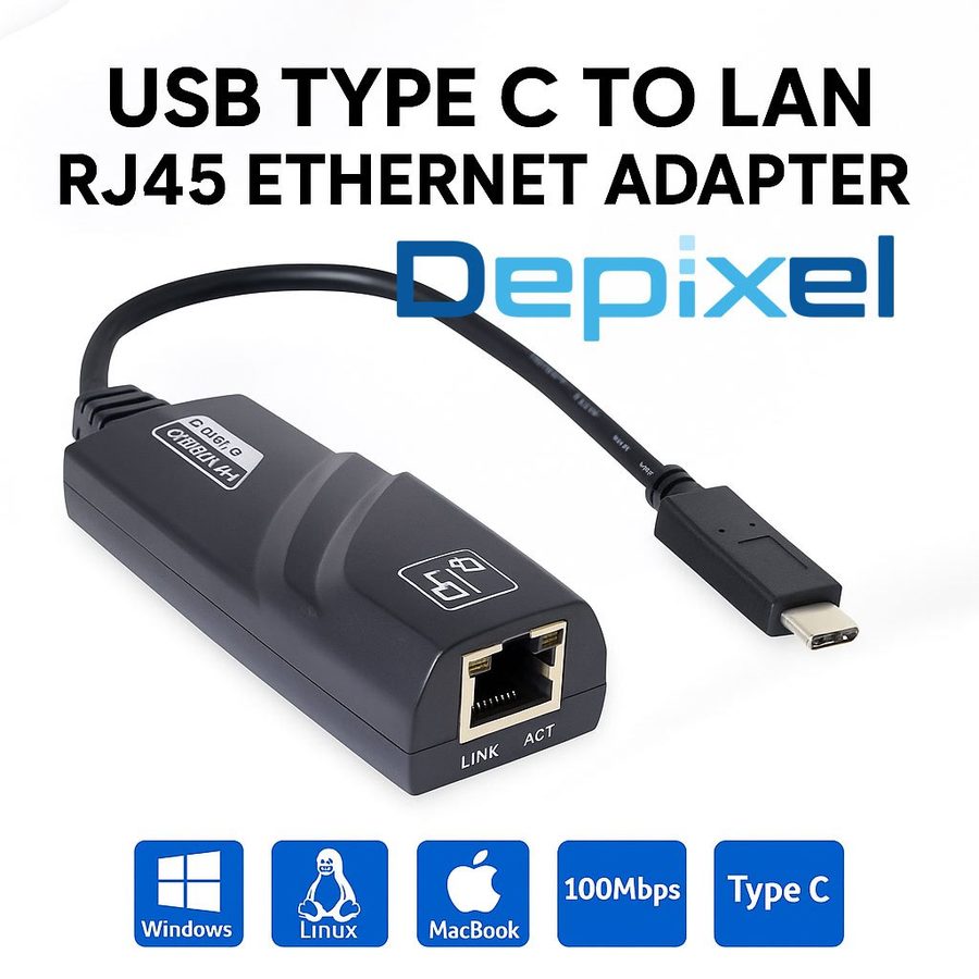 USB Type C to LAN RJ45 Ethernet Adapter 100Mbps Windows Mac Linux Plug and Play