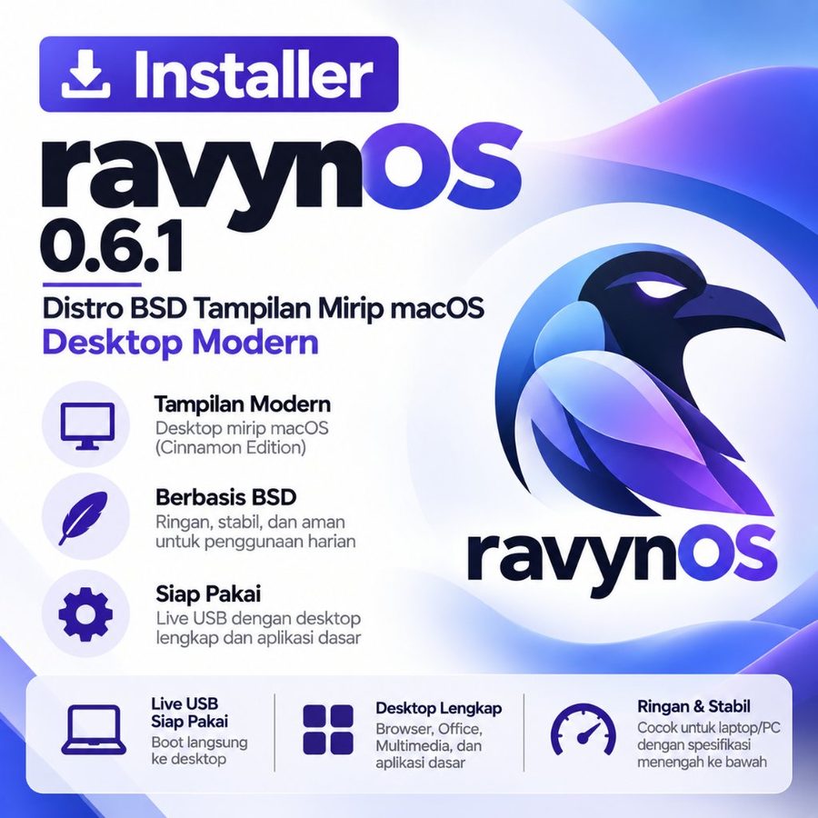 DVD Installer ravynOS 0.6.1 - Distro BSD Tampilan Mirip macOS Desktop Modern