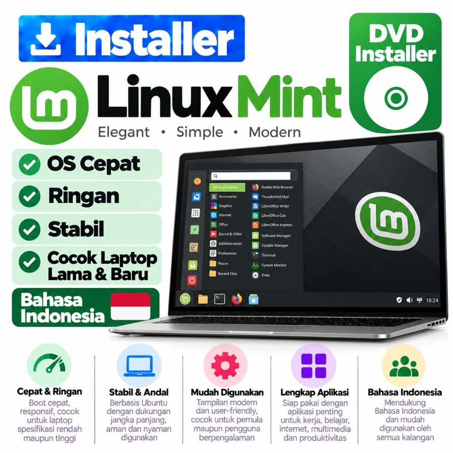 Linux Mint DVD Installer OS Cepat Ringan Stabil Cocok Laptop Lama & Baru Bahasa Indonesia