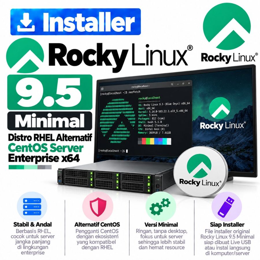 DVD Installer Rocky Linux 9.5 Minimal - Distro RHEL Alternatif CentOS Server Enterprise x64