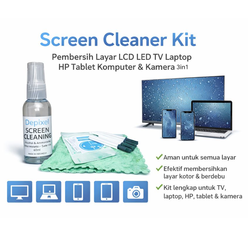 Pembersih Laptop LCD Keyboard 3in1 Cleaning Kit Cairan Depixel Microfiber Kuas Screen Cleaner