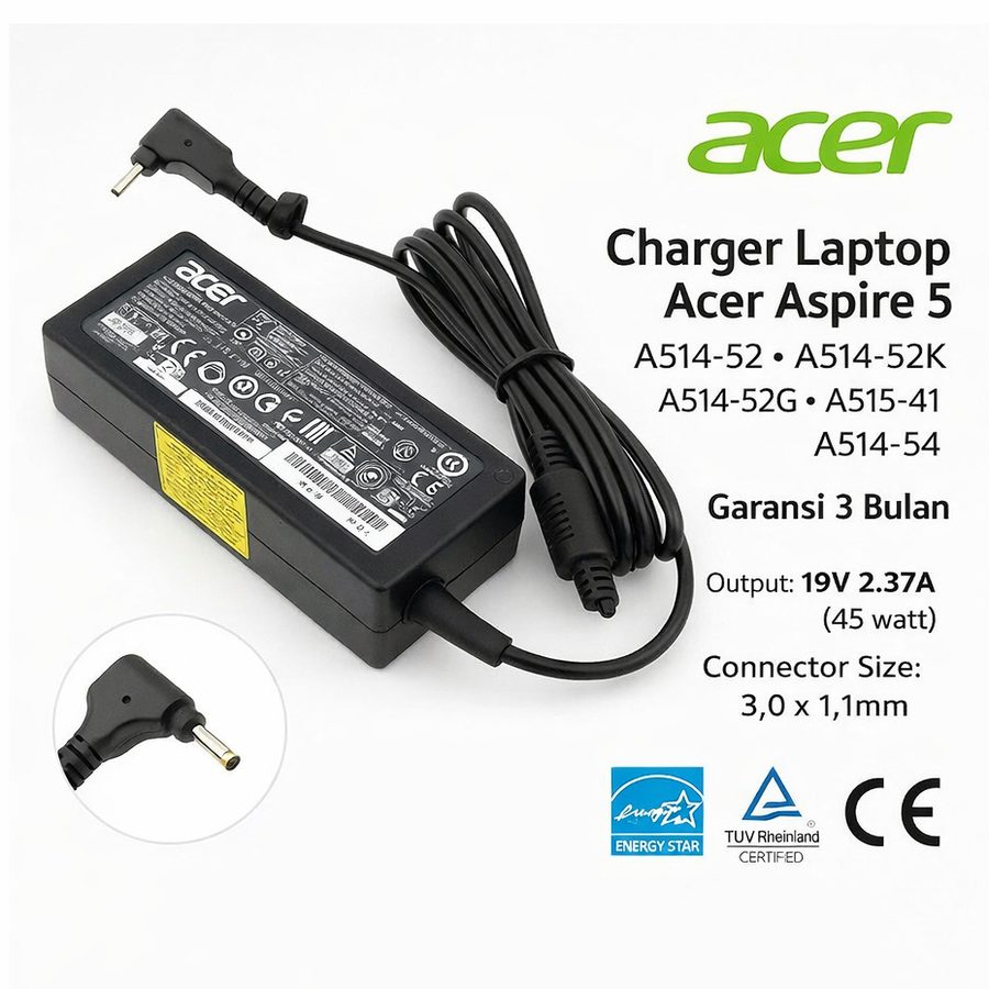 Charger Acer Swift 3 Aspire 5 3 45W 19V 2.37A 3.0x1.1mm A514 A515 SF314 Adaptor