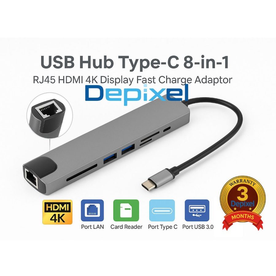 USB Hub Type C 8in1 HDMI 4K LAN RJ45 USB 3.0 SD TF PD Charging MacBook Depixel