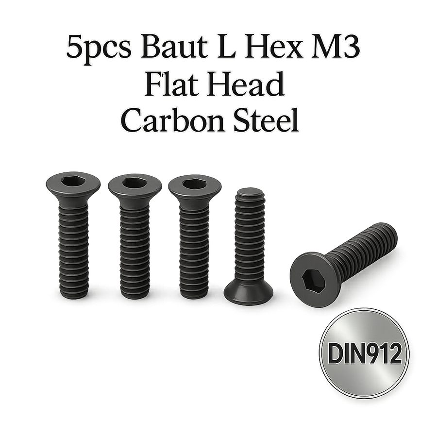 5pcs Baut L Hex M3 Flat Head Carbon Steel Hitam Baja  Screw Sekrup 3mm