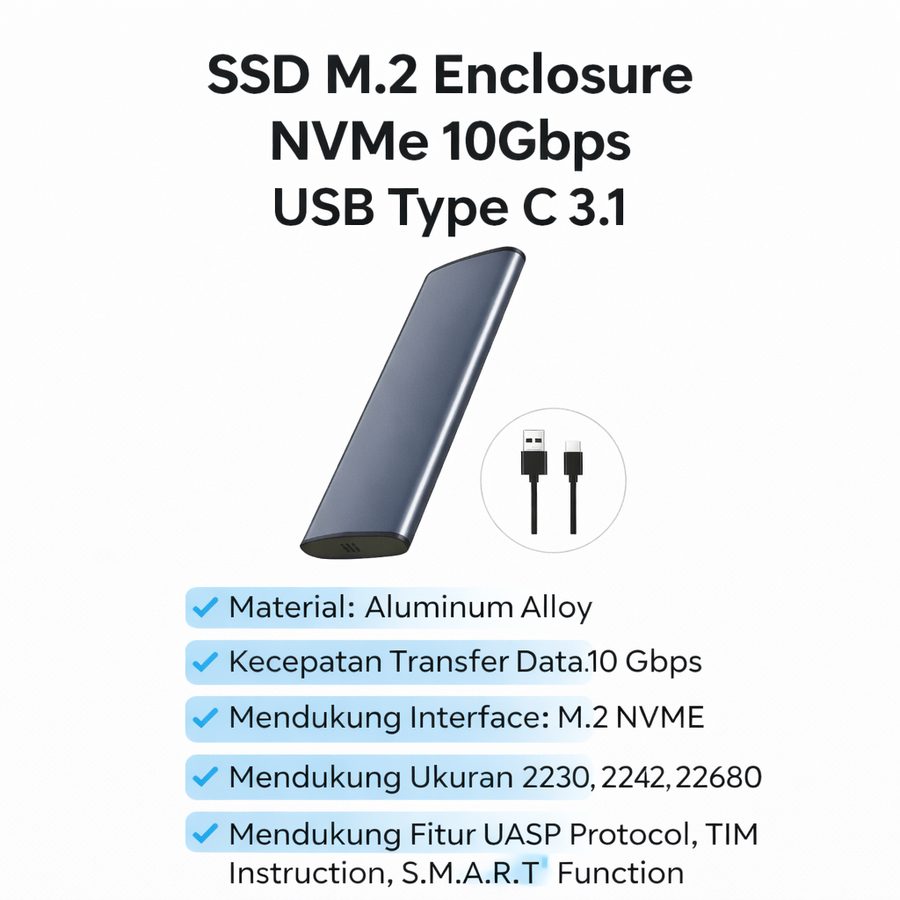 Enclosure SSD M.2 SATA USB 3.0 Aluminium Alloy External Casing 5Gbps Plug Play Win Mac Linux