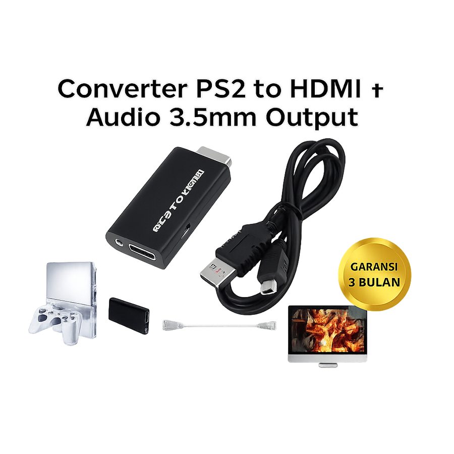 Converter PS2 to HDMI Audio 3.5mm Kabel Adapter Video Playstation ke TV LED LCD