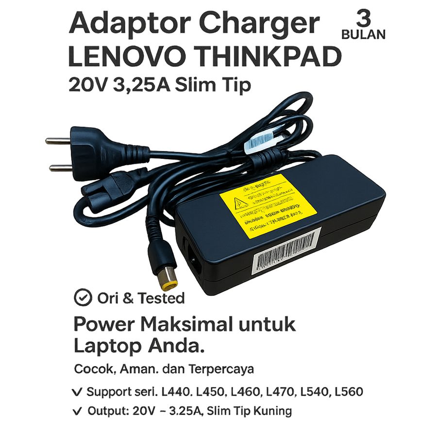 Charger Adaptor Casan ThinkPad L440 L460 L470 L490 L560 E431 E450 E460 E480 E490 Slim Tip 65W