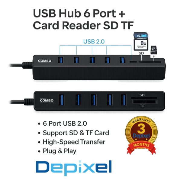 Hub USB 8in1 6 Port USB 2.0 Card Reader SD TF MicroSD 480Mbps Laptop PC Plug Play