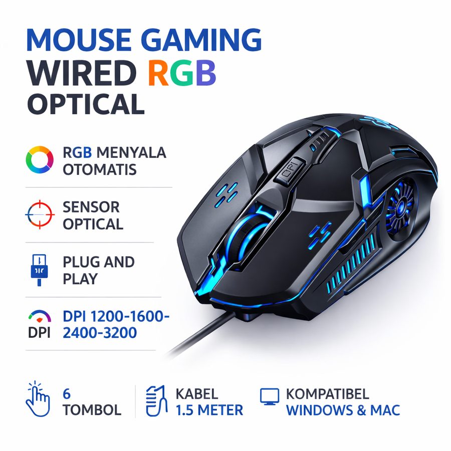 Mouse Gaming Kabel Wired RGB Optical 6 Tombol 3200 DPI USB Plug and Play untuk Laptop PC Mac
