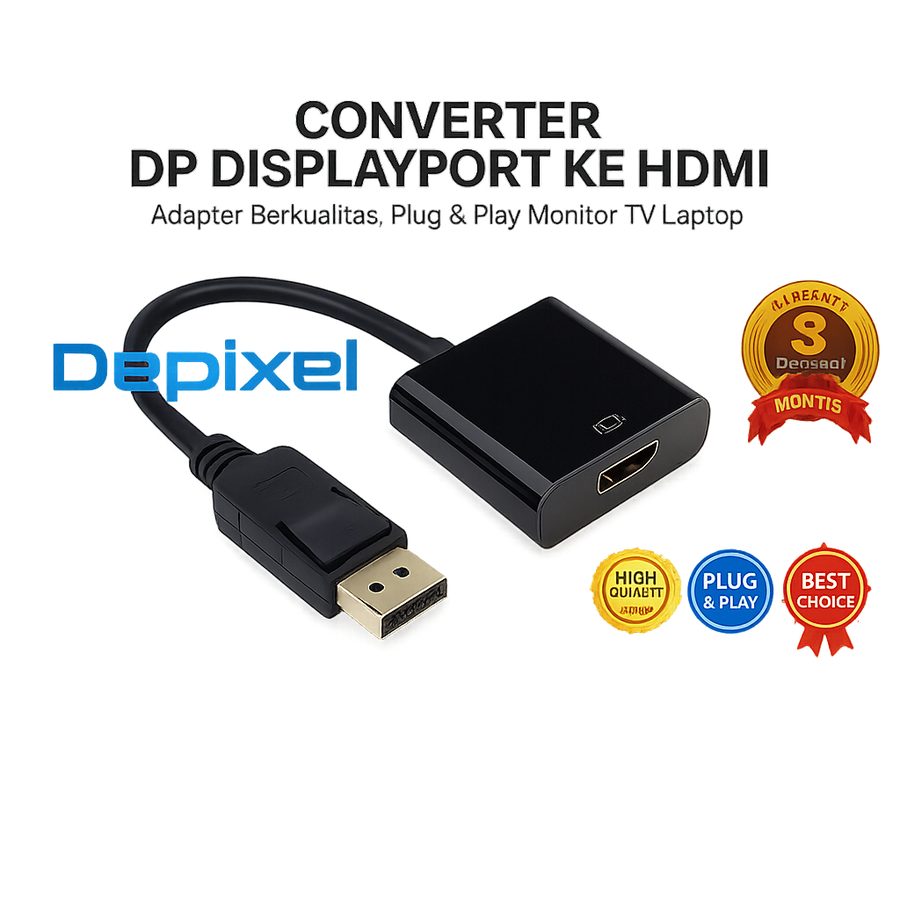 Depixel Converter DP Display Port ke HDMI – Adapter Plug & Play Monitor TV Laptop Garansi 3 Bulan