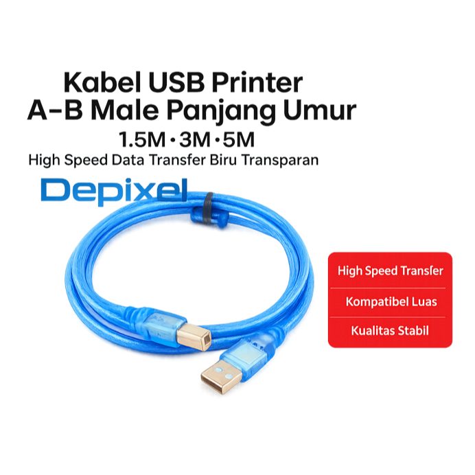 Kabel USB Printer A-B Male Panjang 1.5M 3M 5M High Speed Data Transfer Biru Transparan