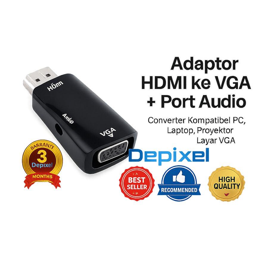 Depixel Adaptor HDMI ke VGA + Port Audio – Converter Kompatibel PC, Laptop, Proyektor, Layar VGA