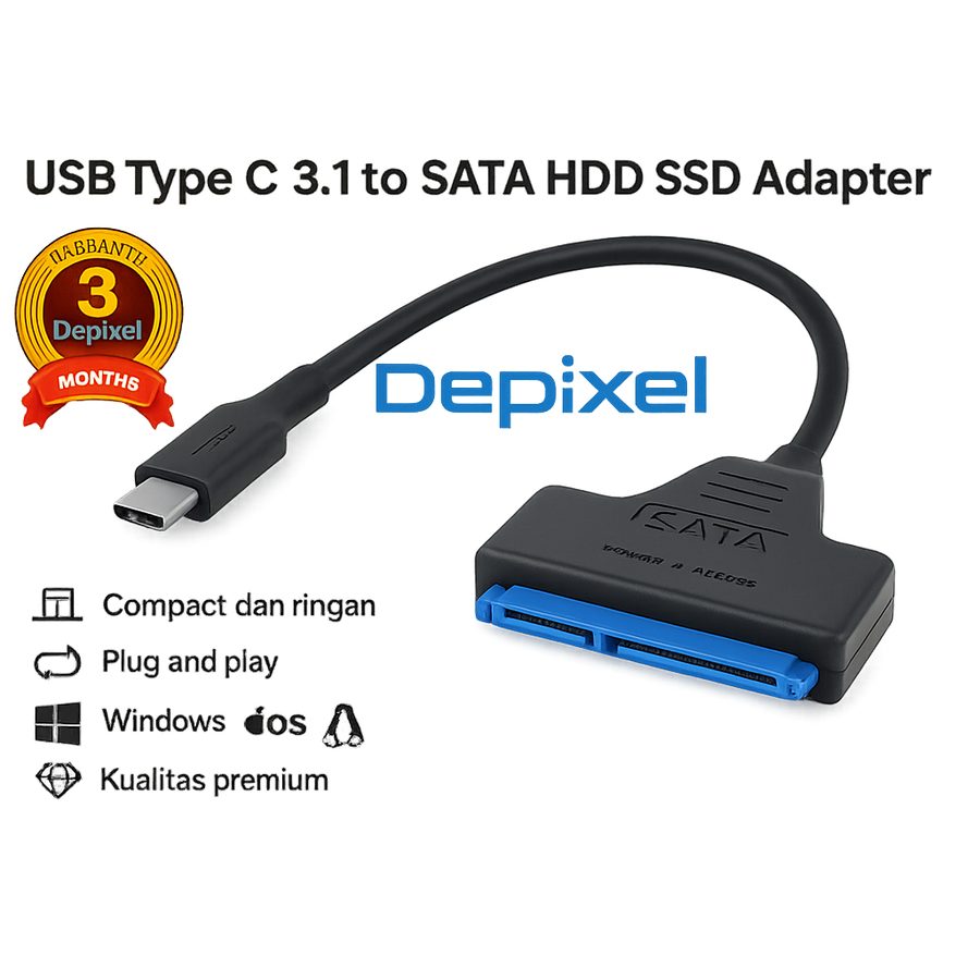 Kabel SATA to USB Type C 3.1 Adaptor HDD SSD 2.5 Inch Converter Depixel Transfer Data Cepat