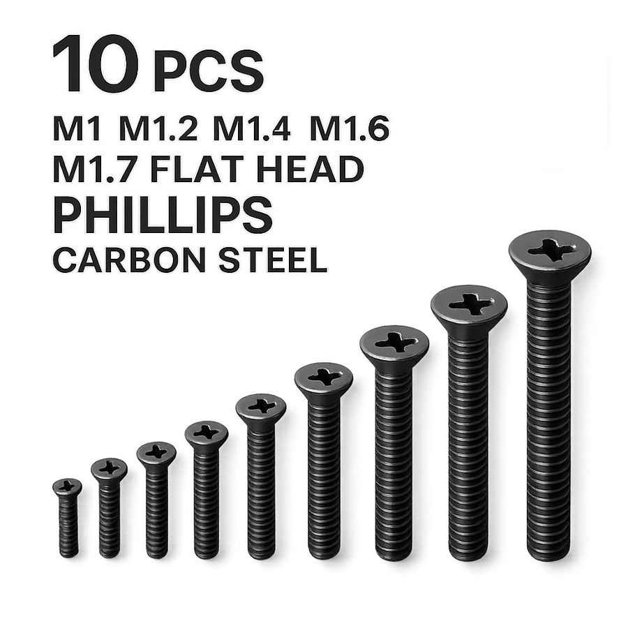 Baut Kecil Mikro M1 M1.2 M1.4 M1.6 M1.7 Flat Head Philips Carbon Steel Hitam 10pcs Screw
