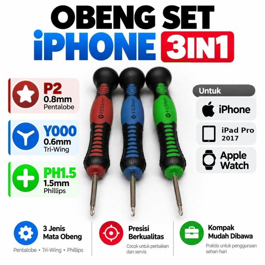 Obeng Set iPhone Apple Watch iPad Pro 2017 Pentalobe 0.8 P2 Triwing 0.6 Y000 Phillips 1.5 3in1
