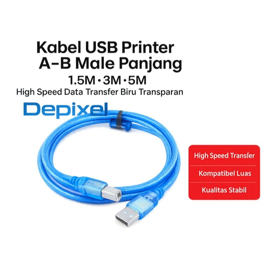 Kabel USB Printer A-B Male Panjang 1.5M 3M 5M High Speed Data Transfer Biru Transparan