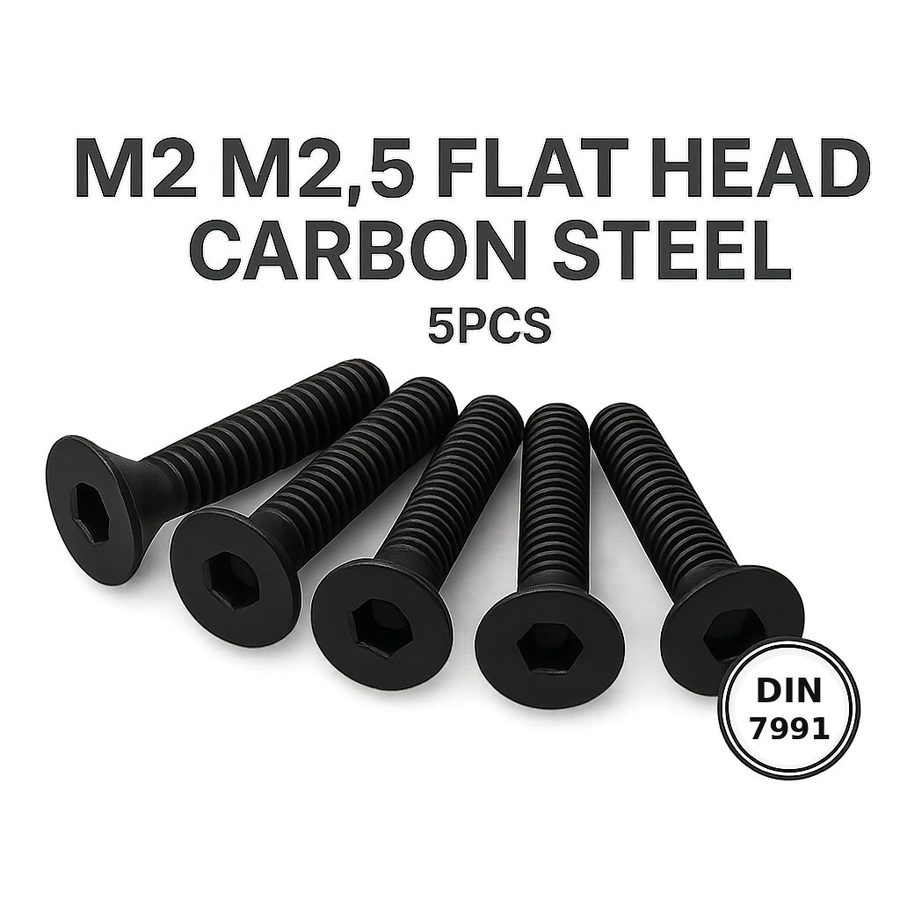 5pcs Baut L Hex Flat Head M2 M2.5 Carbon Steel Hitam DIN7991 Countersunk - Screw 2mm 2.5mm